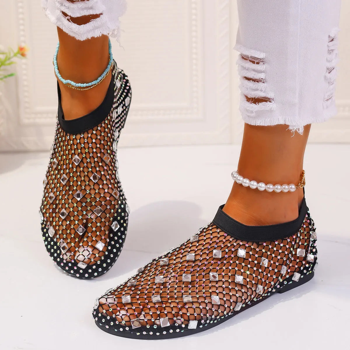 Women's colourful rhinestone mesh flat sandals with rubber sole
