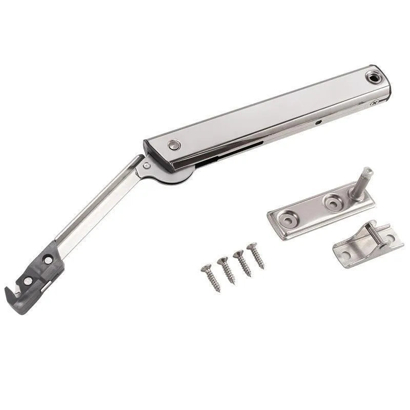 Cold rolled steel flap-up door support rod with spring jackstay in stainless steel finish.