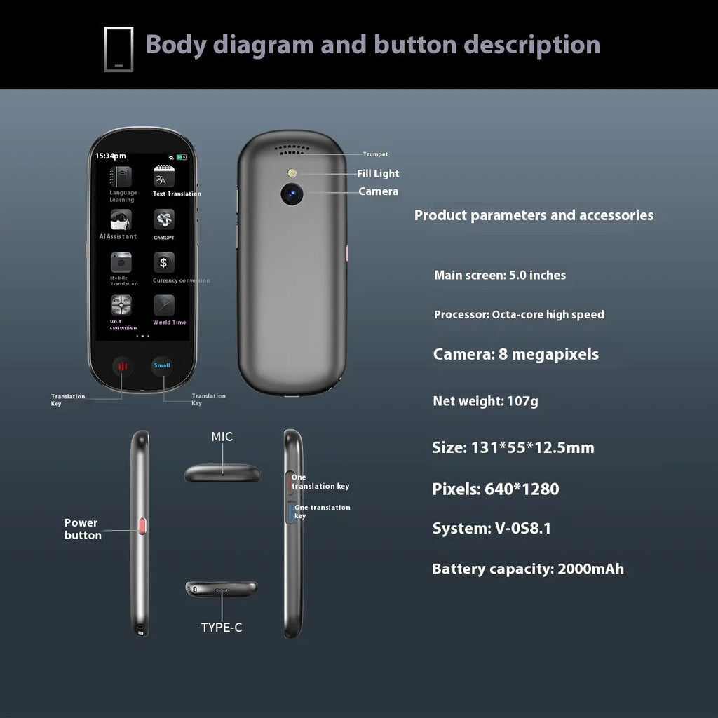 Black multi-language simultaneous interpretation translator device with lanyard