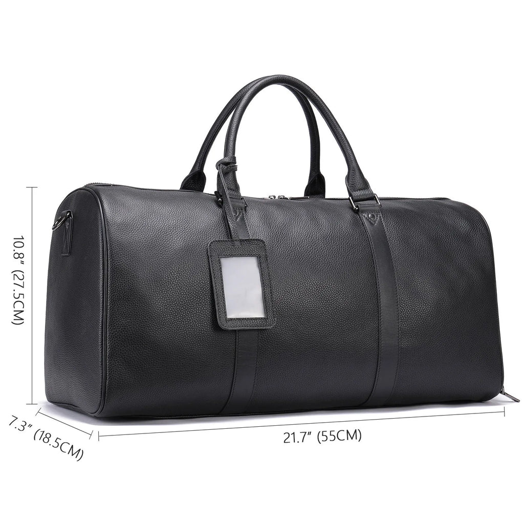 Men's leather tote bag in black and coffee colours showing 44cm and 55cm size options