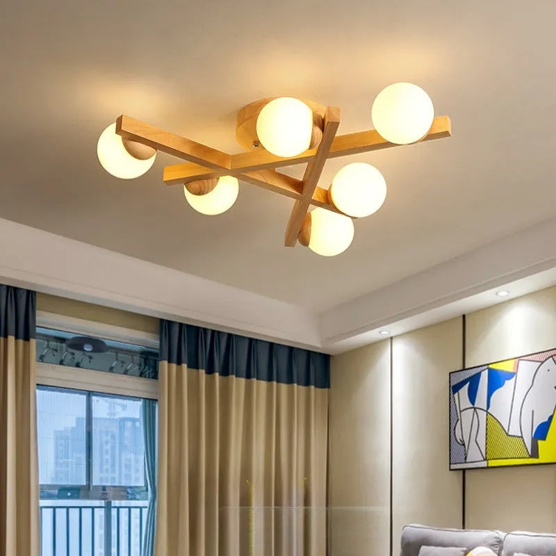 Nordic wooden style ceiling light fixture with three neutral white light heads