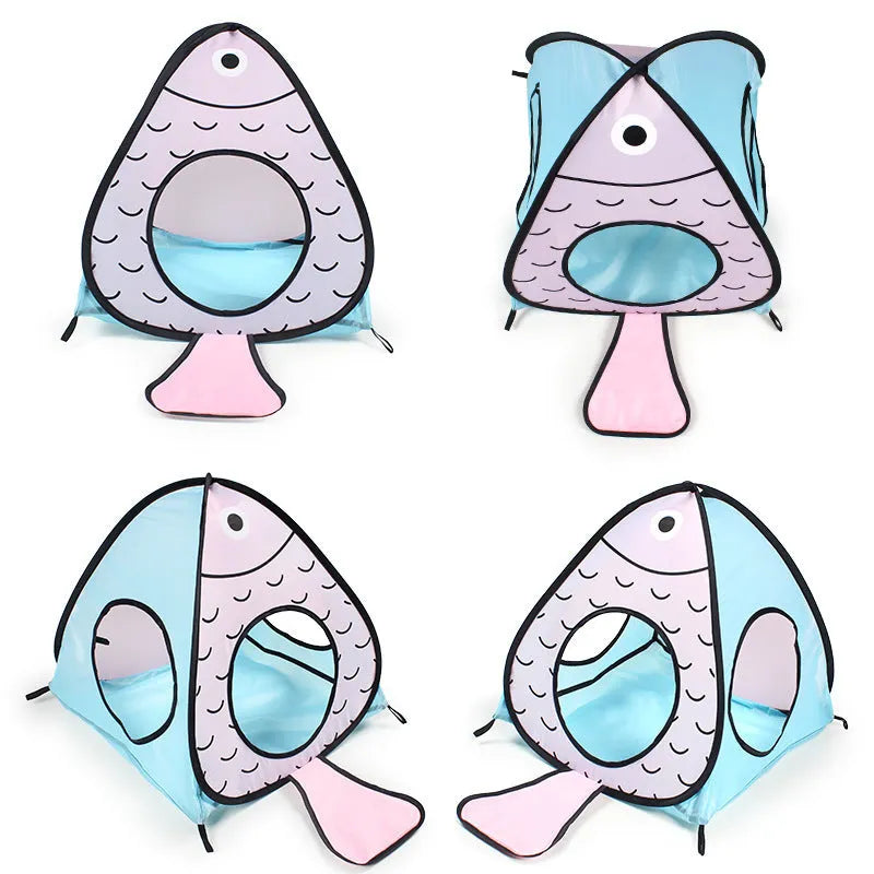 Foldable pet tent tunnel toy set in cat and fish design with three connected sections