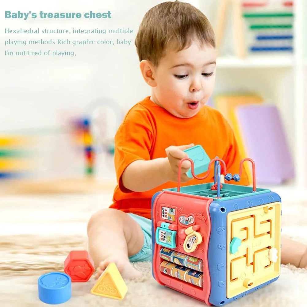 17cm hexahedron educational toy cube showing bead maze, gear connections, and clock face activities