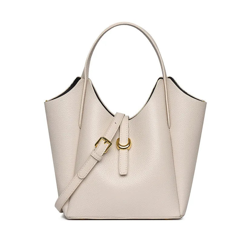 Genuine leather women's retro bucket handbag in beige colour showing sandwich pocket detail