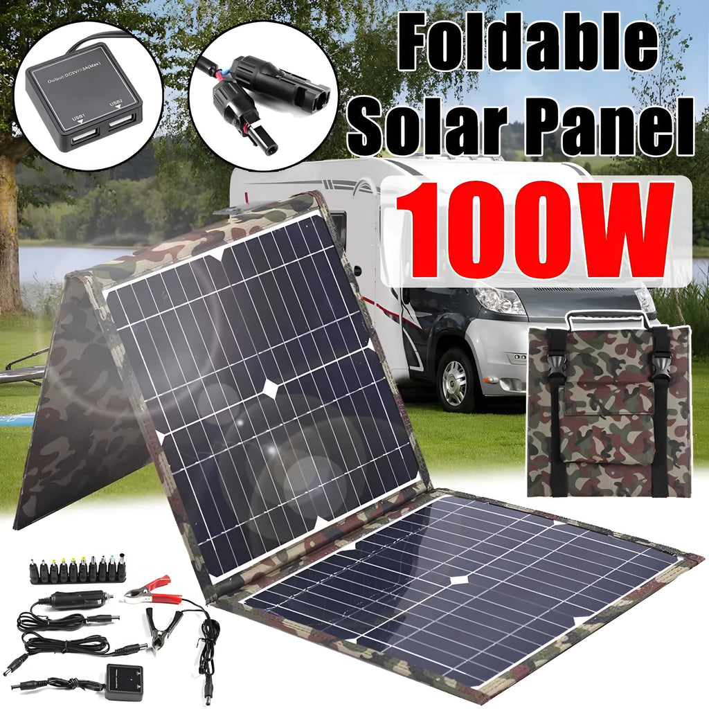 Black foldable portable solar panel unfolded, showing three monocrystalline cells, with included car charger and cables.