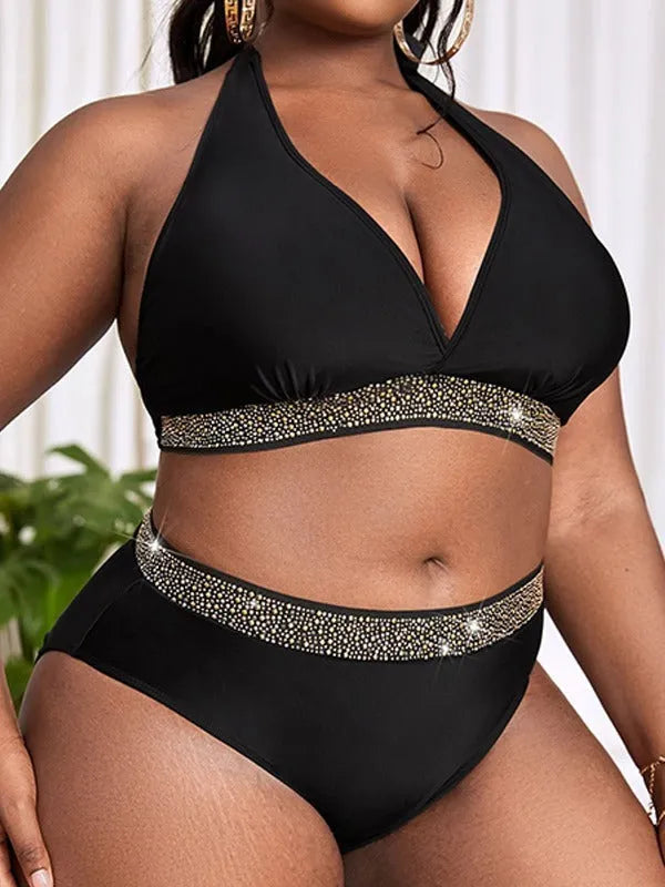 Black plus size women's bikini swimsuit with bra and shorts