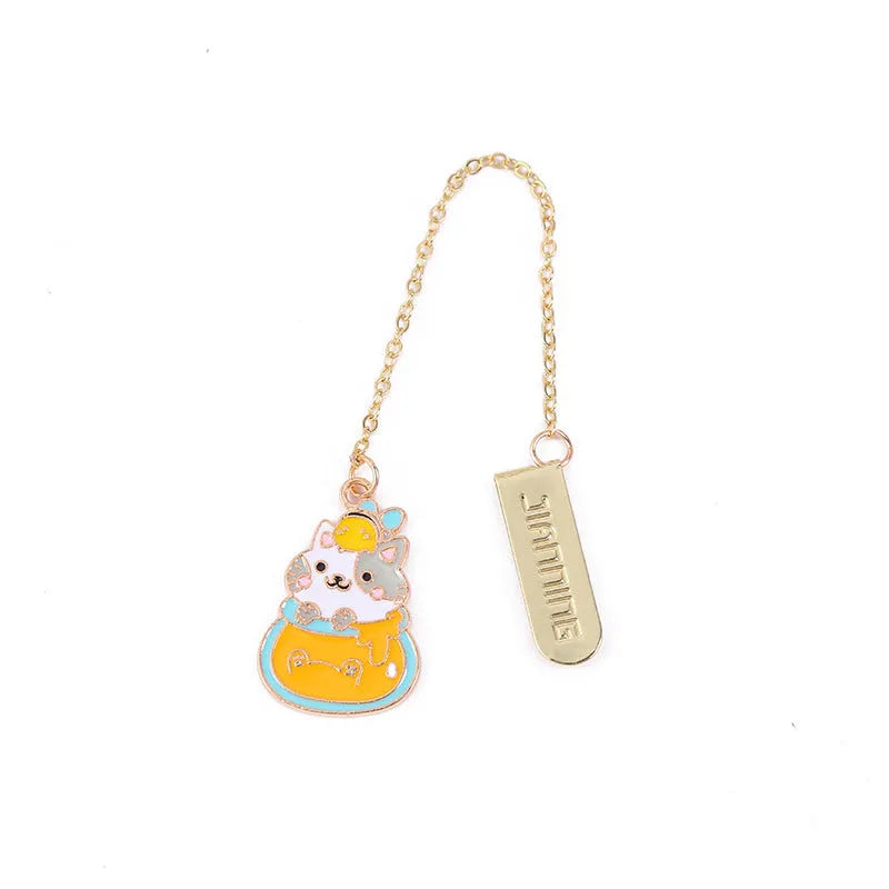 Jane Key Foodie cute pet cat metal bookmark with cartoon pendant in one of four designs, size 3.8cm by 18.3cm.