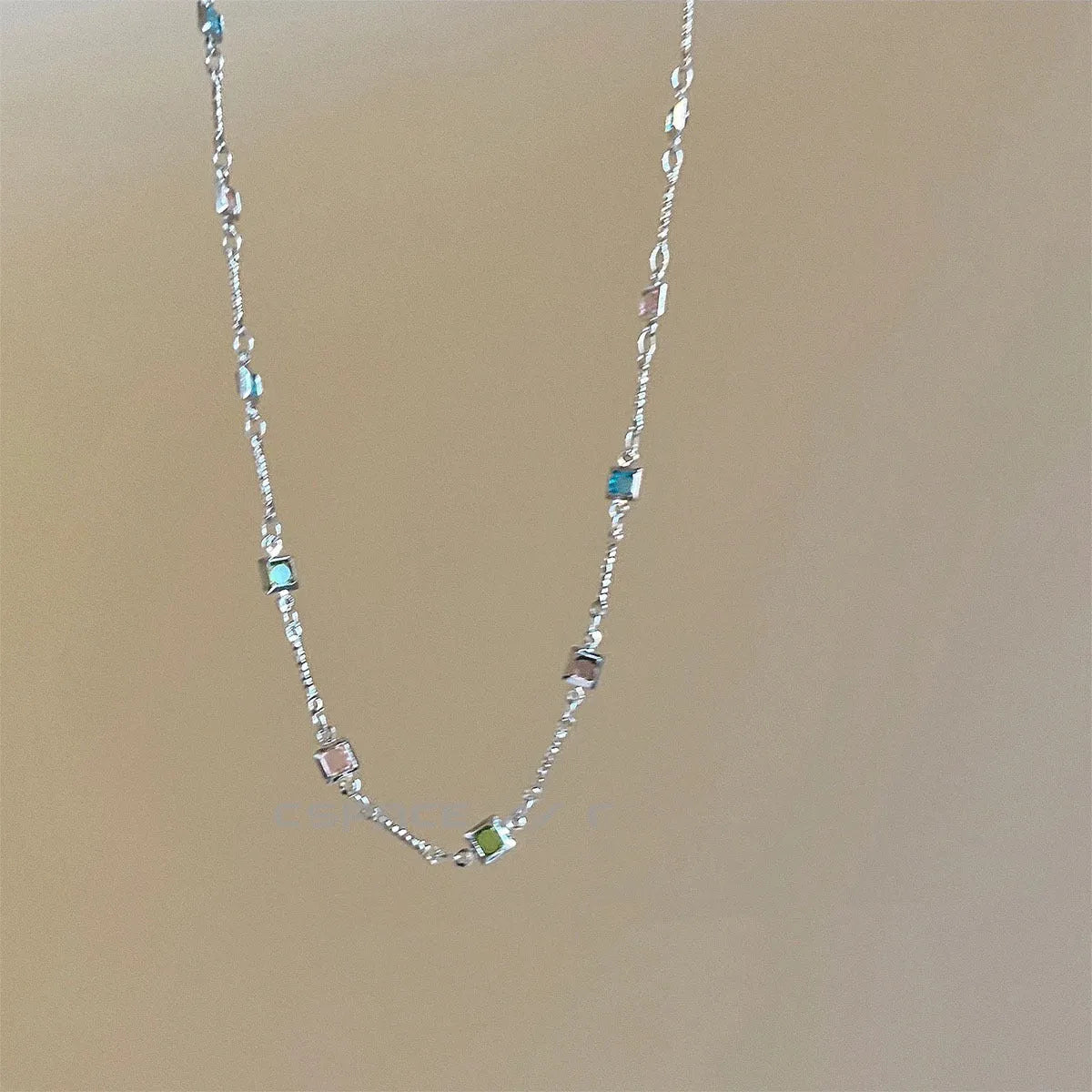 Square colour crystal clavicle chain necklace with geometric pendants in gold tone finish