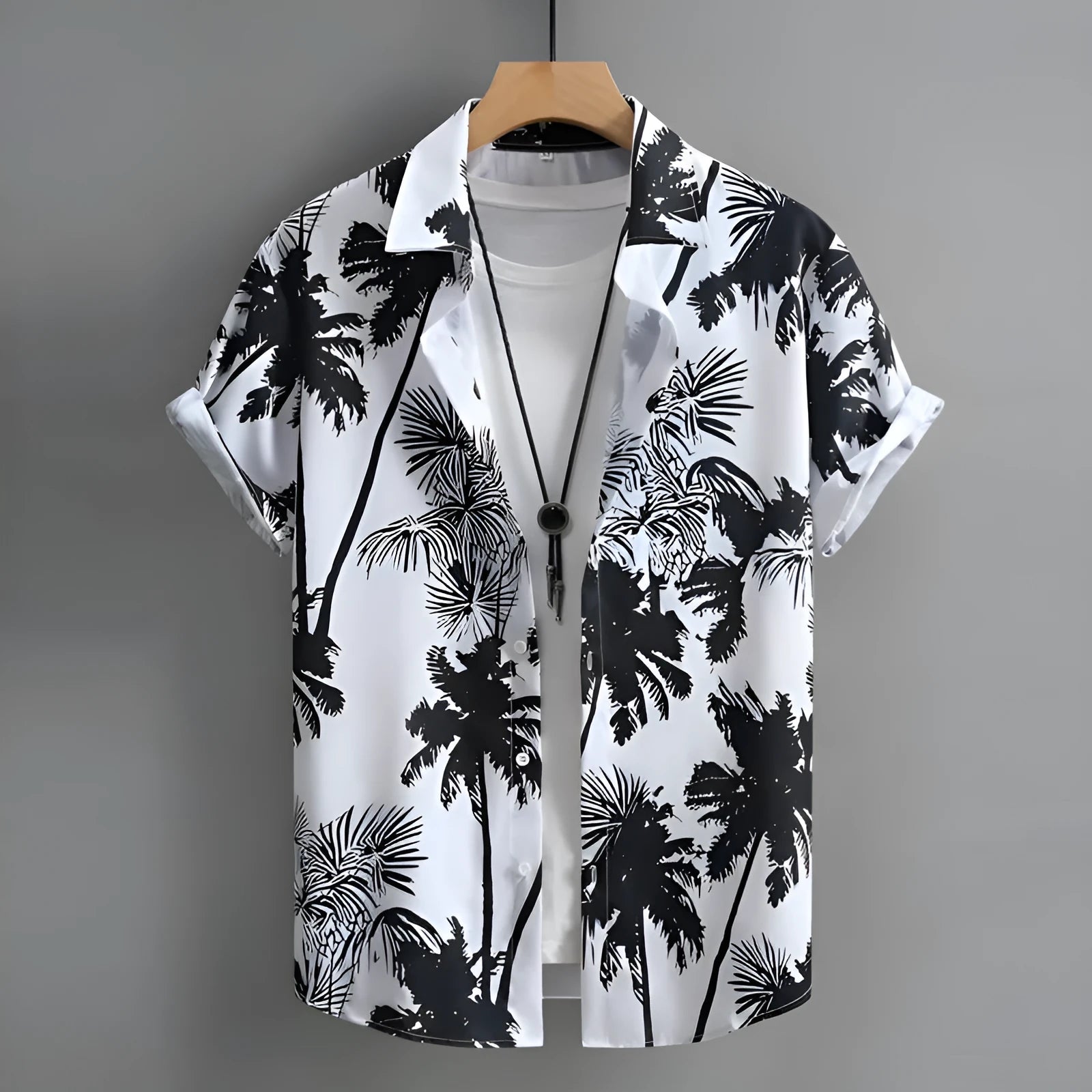 Men's short-sleeved Hawaiian shirt with a colourful 3D printed pattern on a polyester blend fabric.