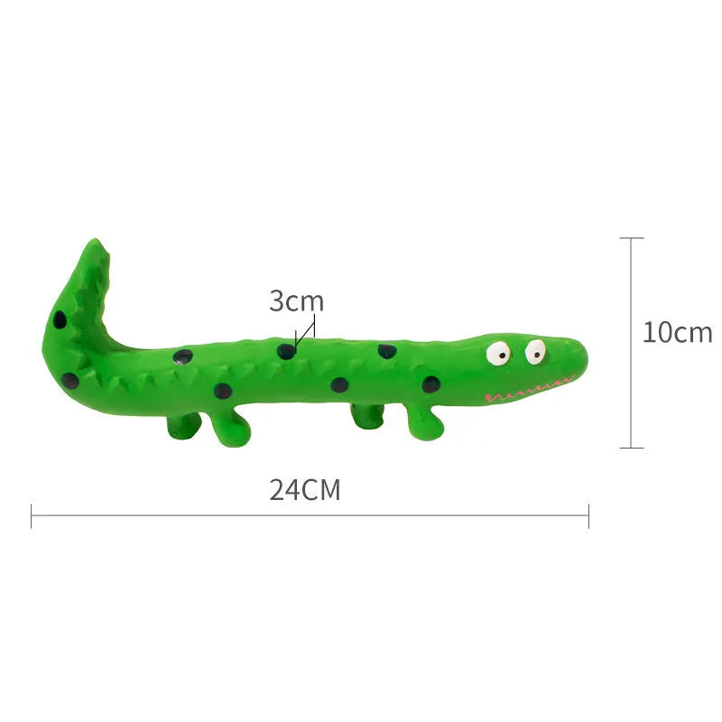 Green lizard-shaped squeaky dog chew toy for aggressive chewers.
