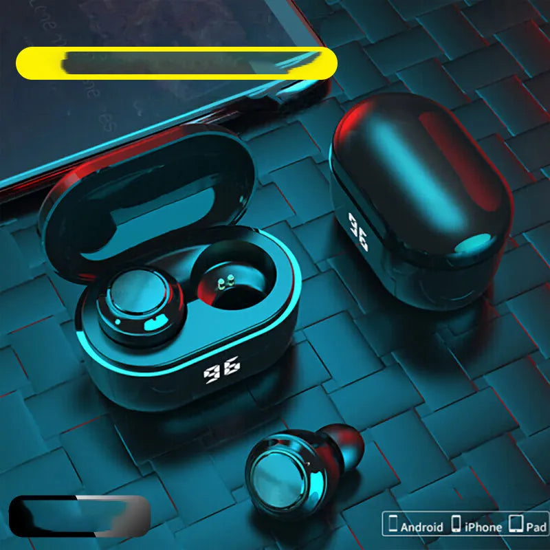 Black bilateral stereo Bluetooth earplug headset with a 10-metre wireless range