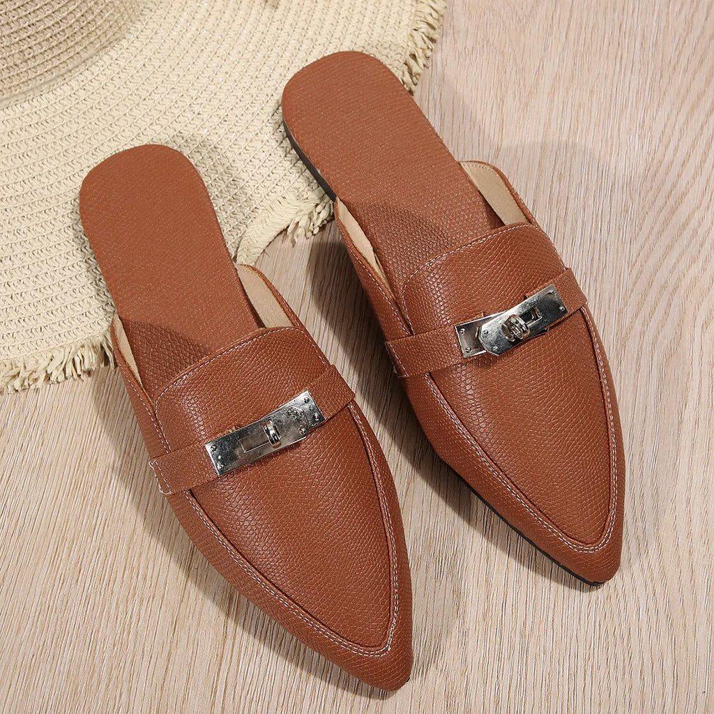 Light brown women's pointed-toe casual semi-slippers with a PU upper and rubber sole.