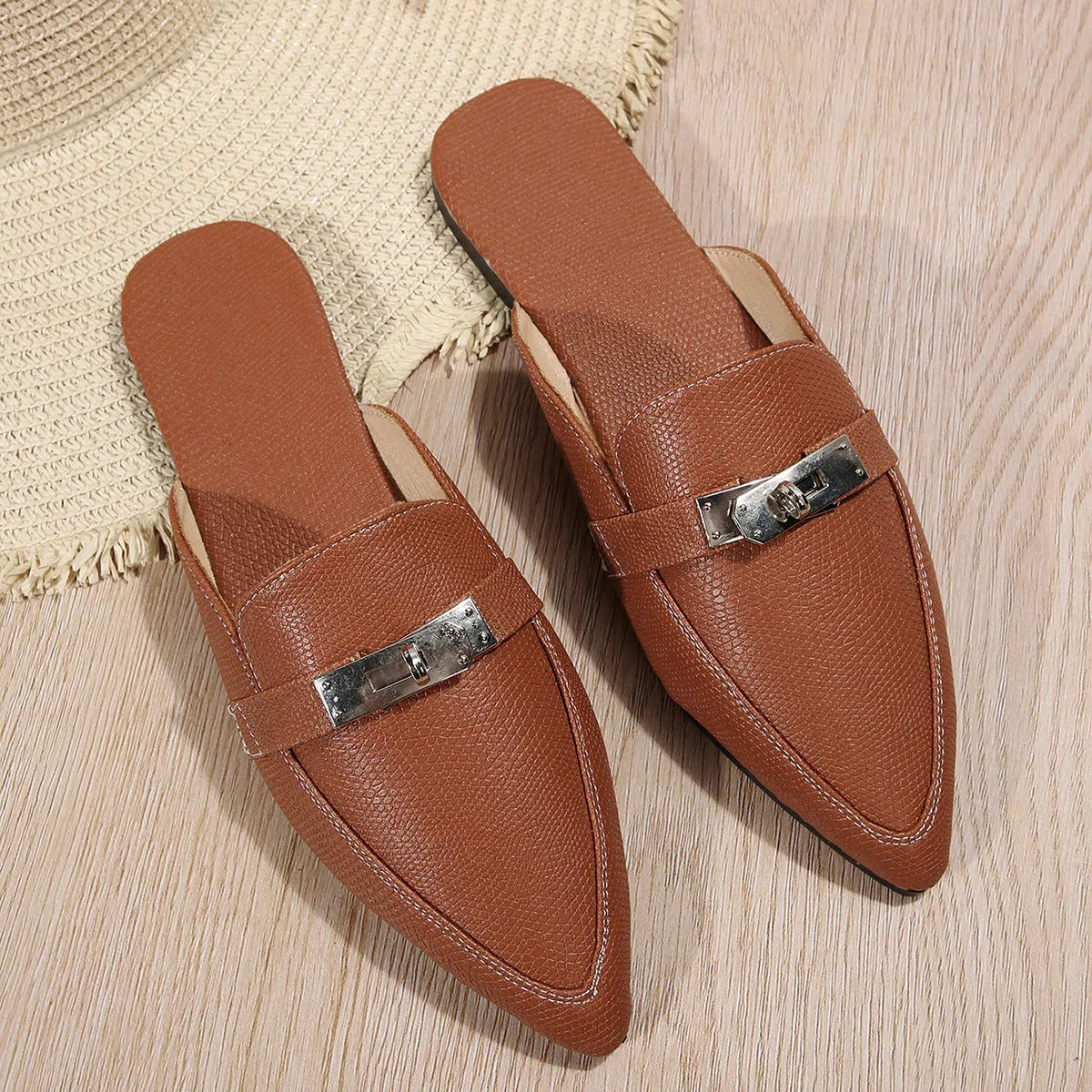 Light brown women's pointed-toe casual semi-slippers with a PU upper and rubber sole.