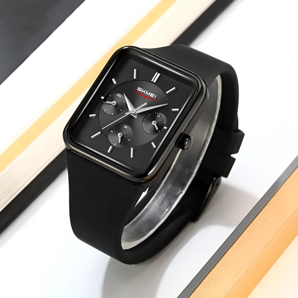 Slim square silicone waterproof watch for girls in white rose gold colour, showing 10.8mm thickness profile