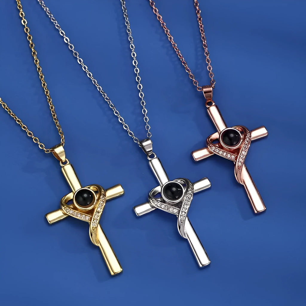 'I Love You' projection necklace pendant in copper with heart and cross design