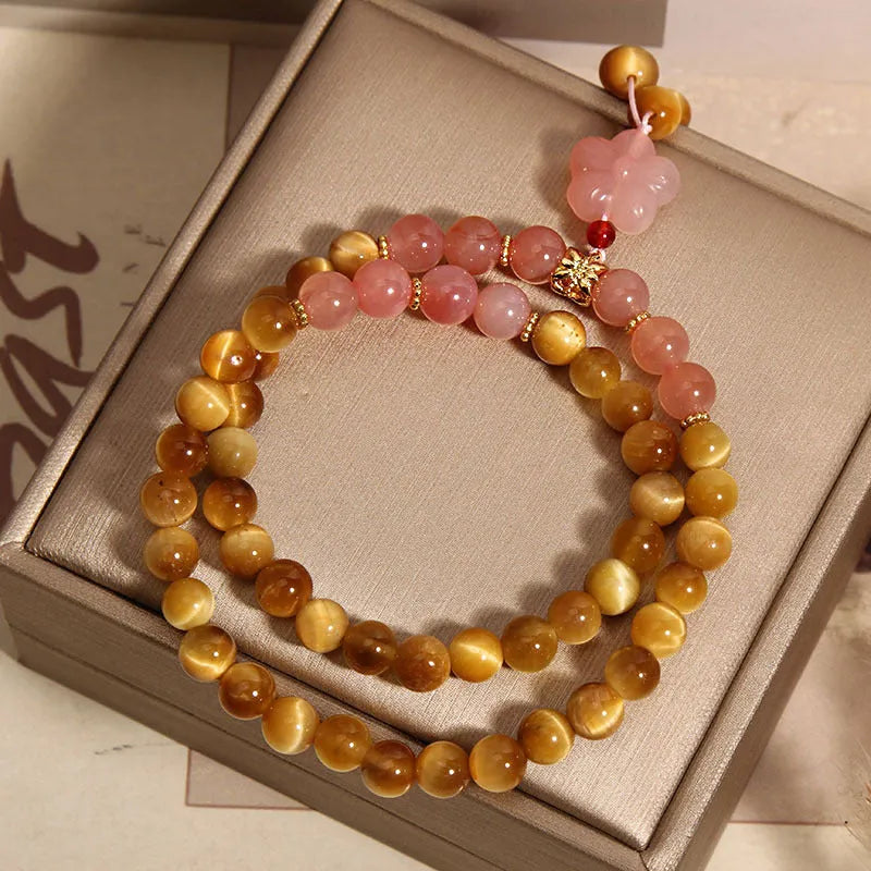 Chinese style tigereye double ring bracelet for women with crystal and pearl embellishments
