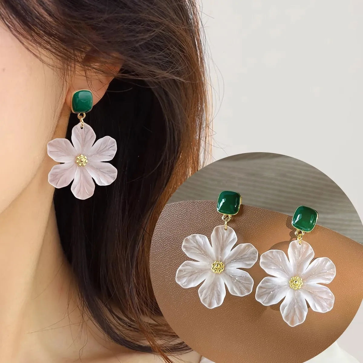 Dark green needle flowers design women's earrings in sterling silver tone alloy
