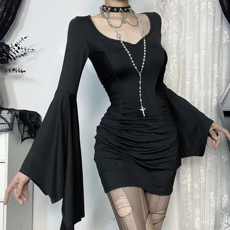 Black geometric A-line short dress with V-neck and long sleeves for women
