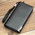 Men's long black PU leather wallet with a silver zipper closure laid flat.