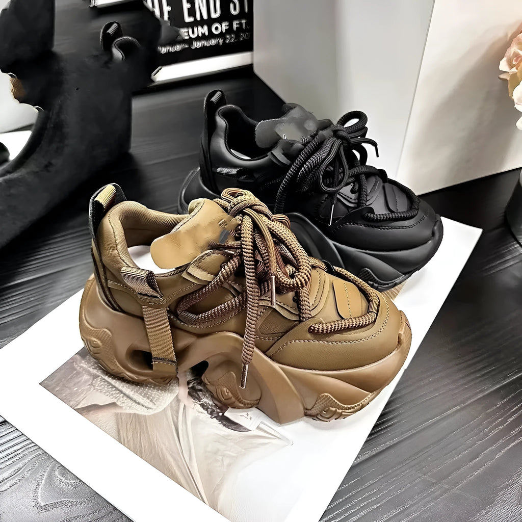 Women's platform sneakers with wedge heel and cross-strap design in synthetic leather