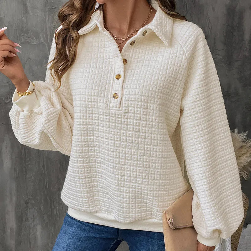 Women's milky white polo collar pullover sweater with long sleeves and a thickened knit texture.