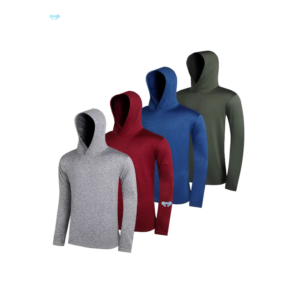 Men's lightweight hoodie four-pack in elastic polyester fibre showing colour options and hooded styles