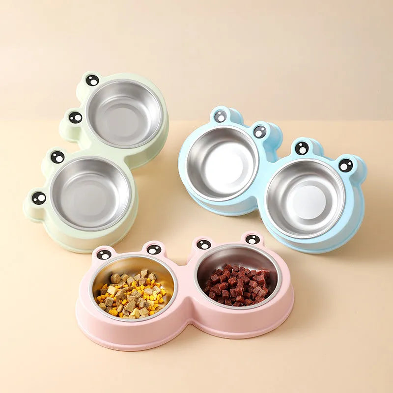 Stainless steel pet double bowl with frog design in blue, for food and water