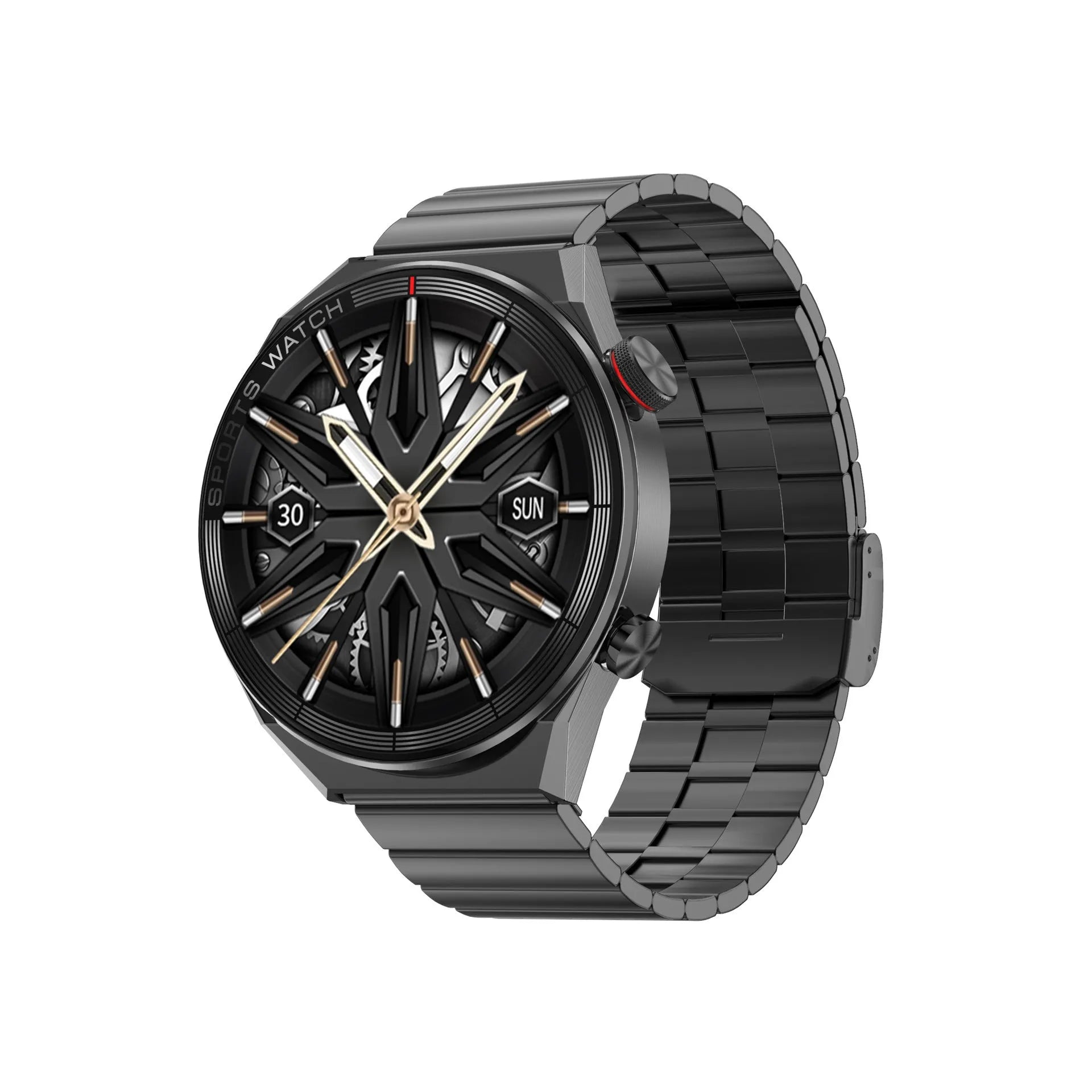 Large screen Bluetooth smart watch with call functionality showing black colour option with leather strap