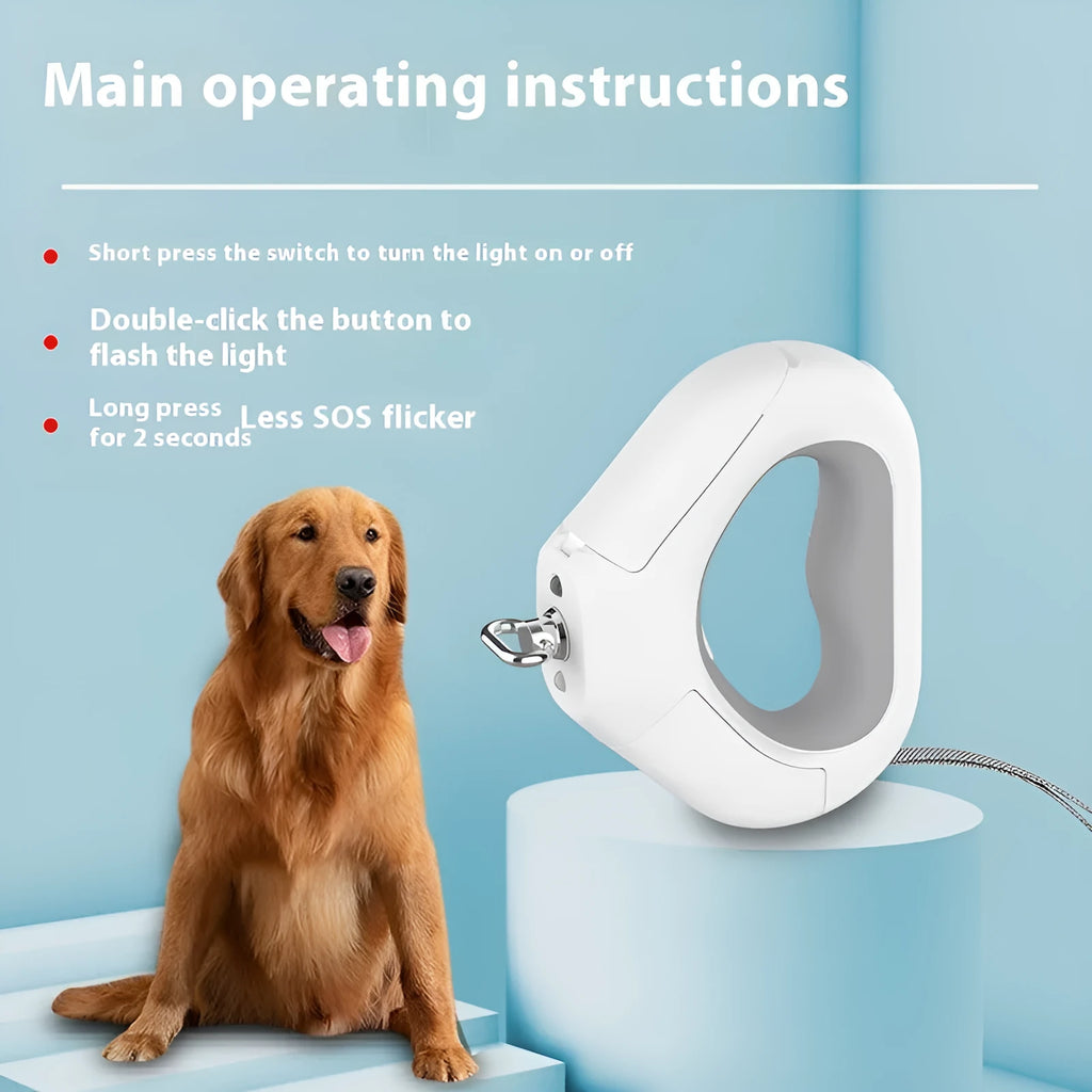 White plastic pet leashing device with spotlight light and snack bin box tractor ring