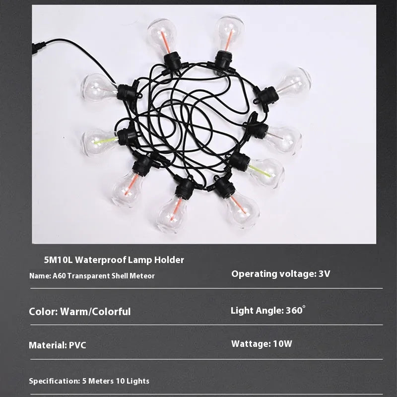 Outdoor waterproof decorative string lights with transparent meteor bags and A60 bulbs for garden and wedding scenes