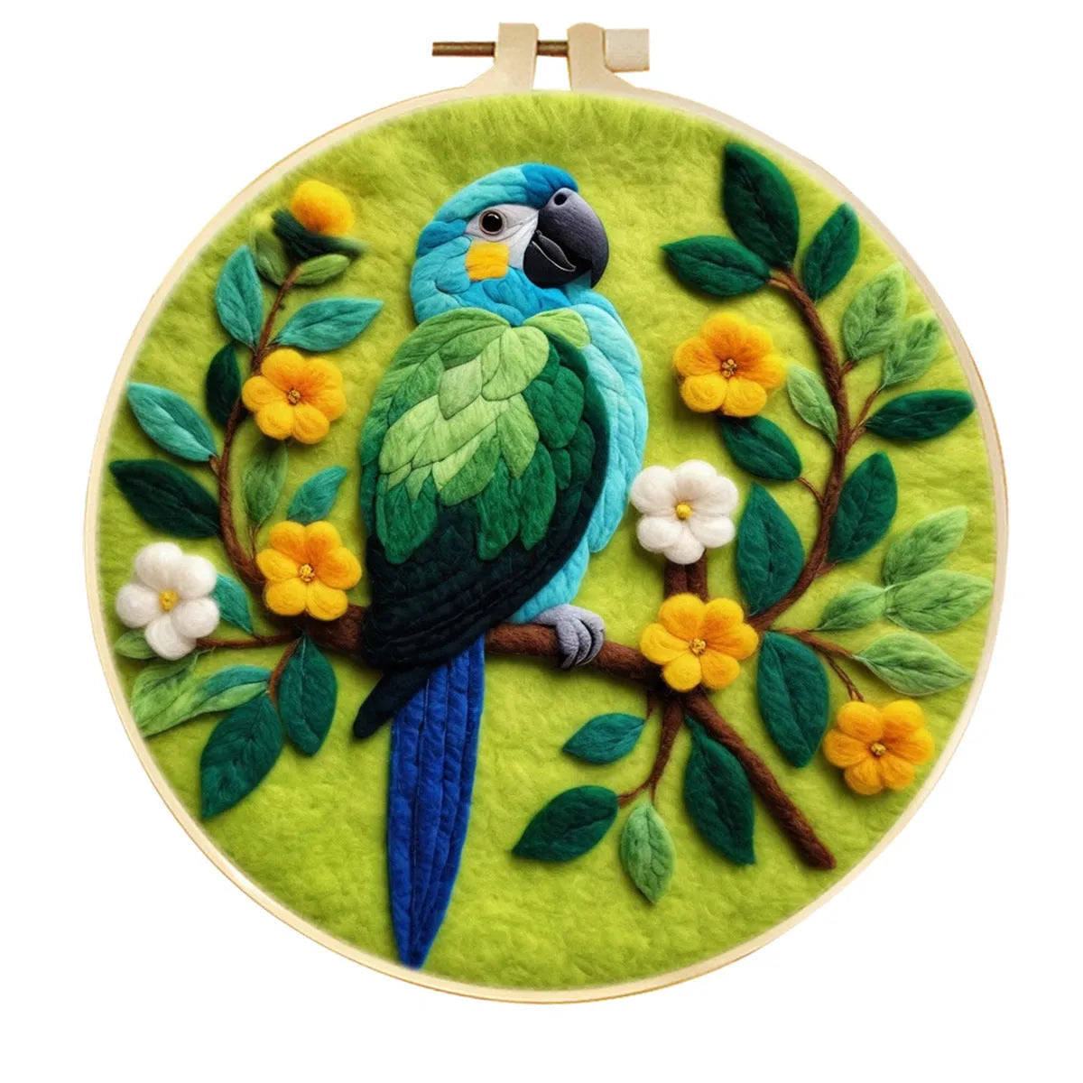 Round linen embroidery kit with wool felt materials for three-dimensional floral design