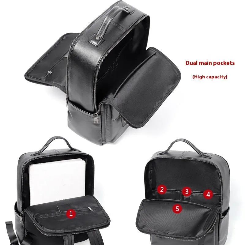 Men's black genuine leather computer backpack with 36-55L capacity and physiological curve back plate