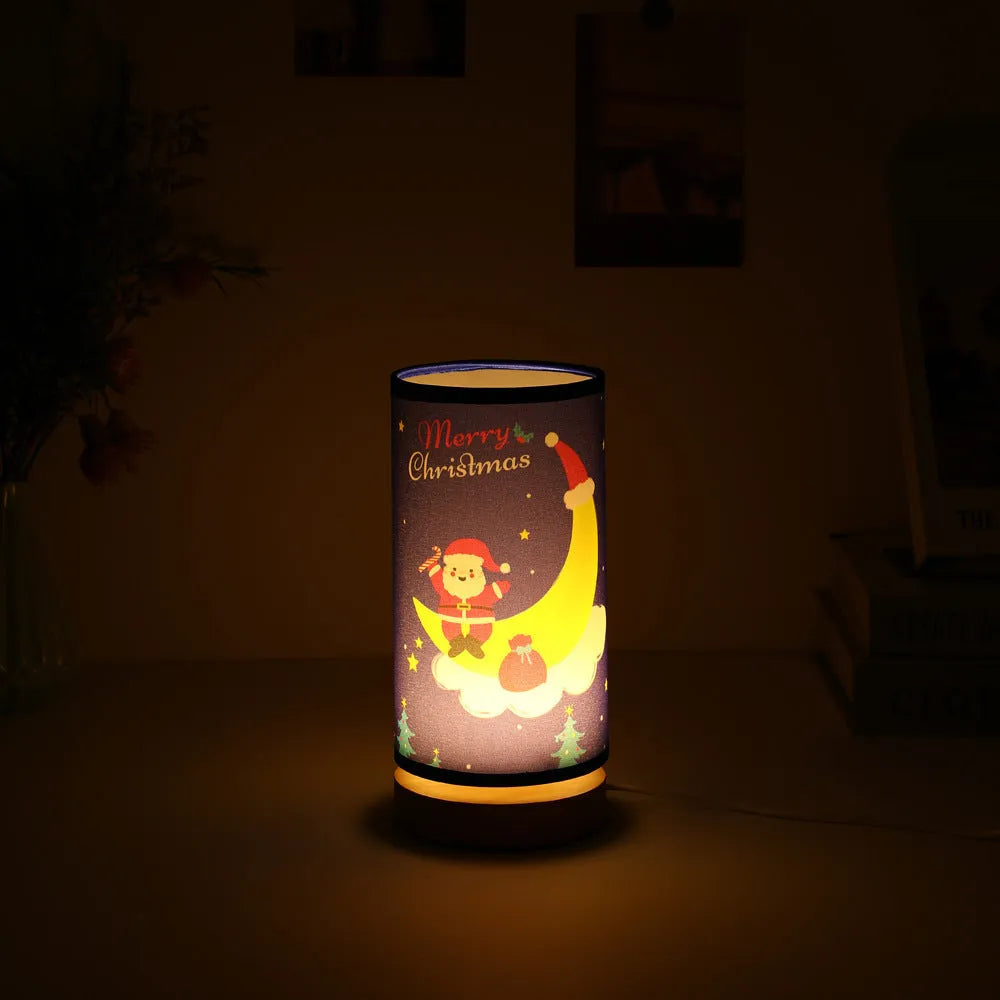 Santa Claus silhouette on a moon-shaped USB LED night light with a bamboo base.
