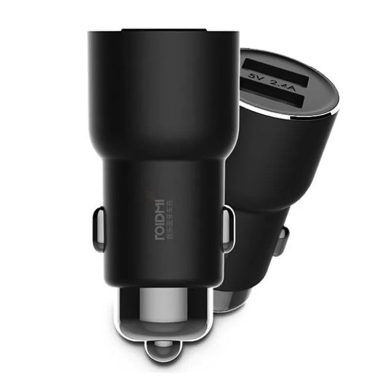 Black Ruimi 3S Bluetooth car charger showing dual USB ports and compact 26.5mm square design