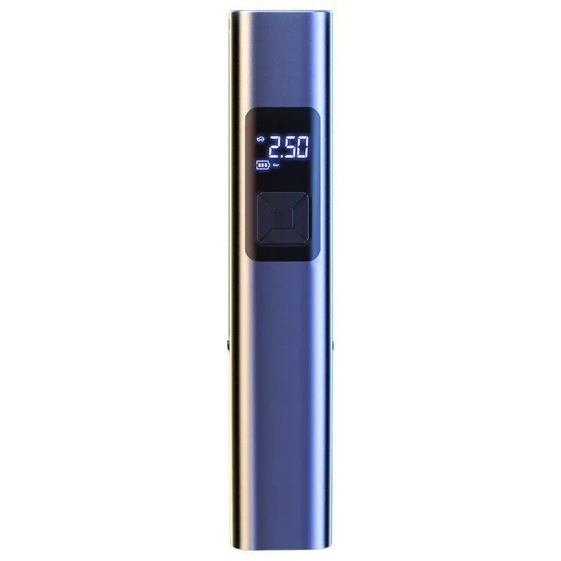 Wireless digital display car air pump and vacuum cleaner with LED light, Type-C port, and storage bag.