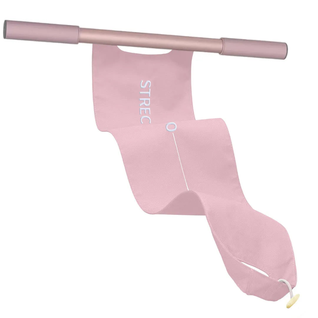 Grey and pink yoga multi-function stretching tool for shoulder, back, and hip exercises.