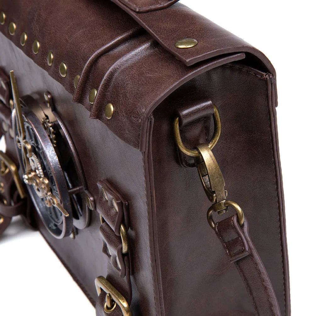 Bronze steampunk industrial retro shoulder bag with metal details and pillow bag shape