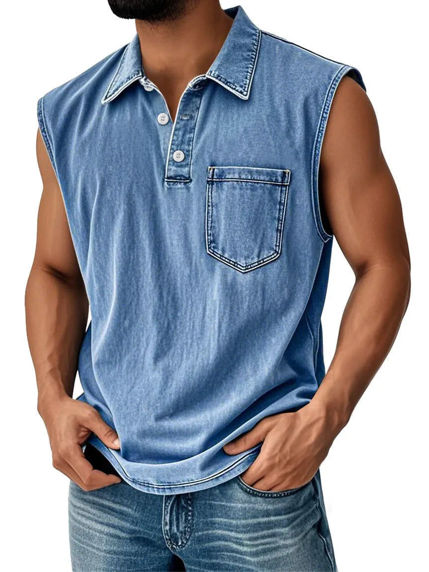 Man wearing a loose-fit short-sleeve polo shirt with a 3D digital print design.