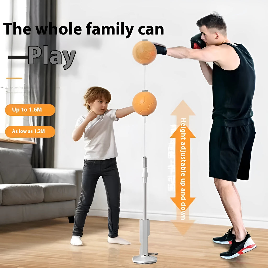 Vertical roly-poly boxing reaction ball with weighted base and focus mitts in orange and grey colours