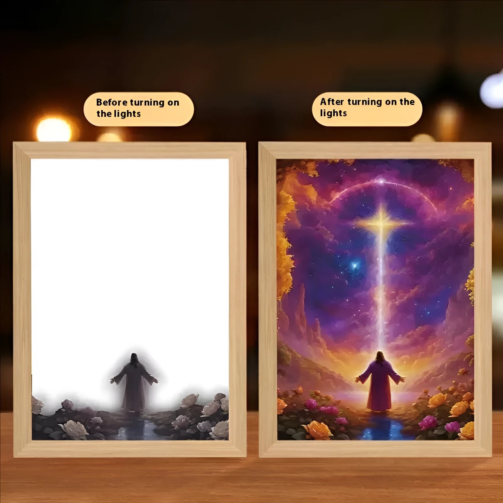 Rectangular LED photo frame light painting showing digital artwork with religious cross design