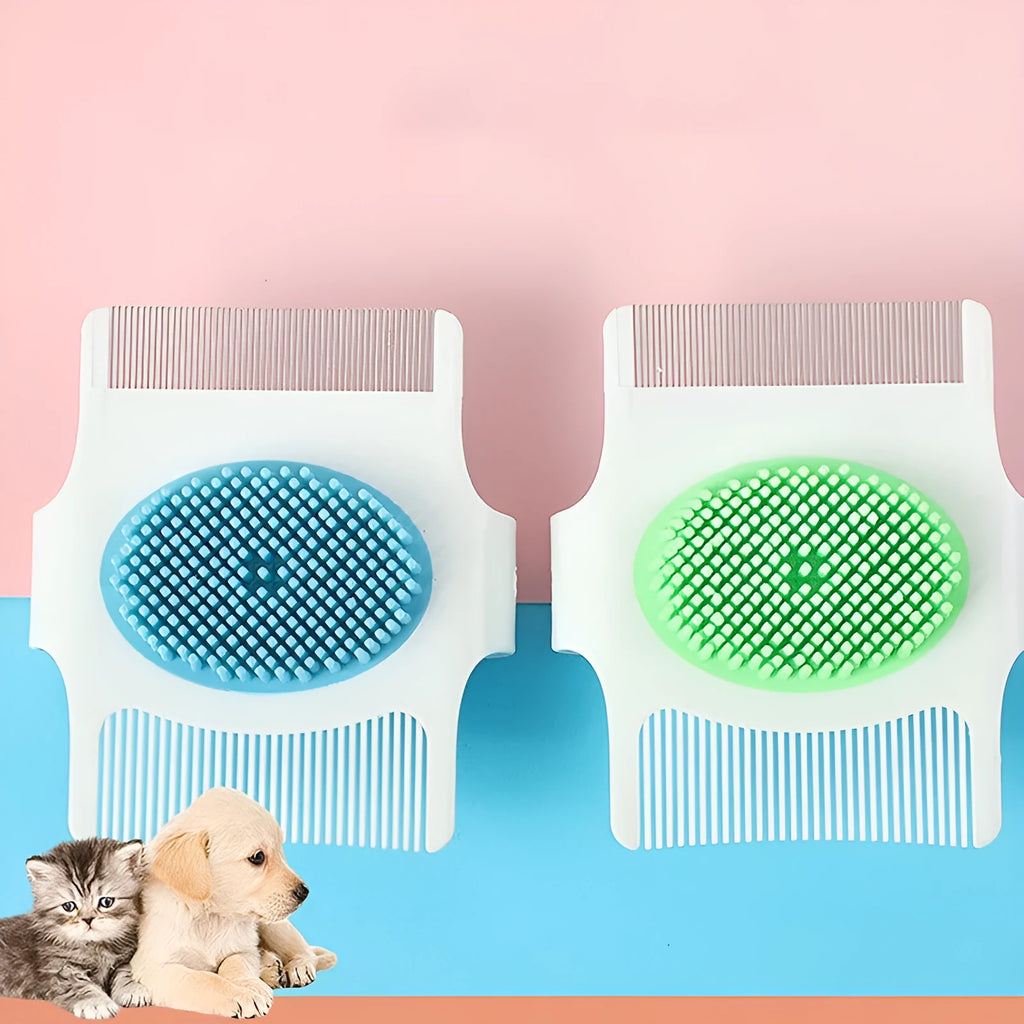 Blue or green multifunctional pet grooming comb with floating hair removal system measuring 8.5cm long
