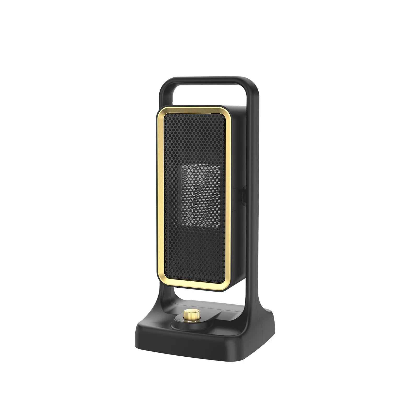 Black desktop PTC ceramic heater measuring 14.9cm wide with adjustable 500W-1000W output and three-speed fan