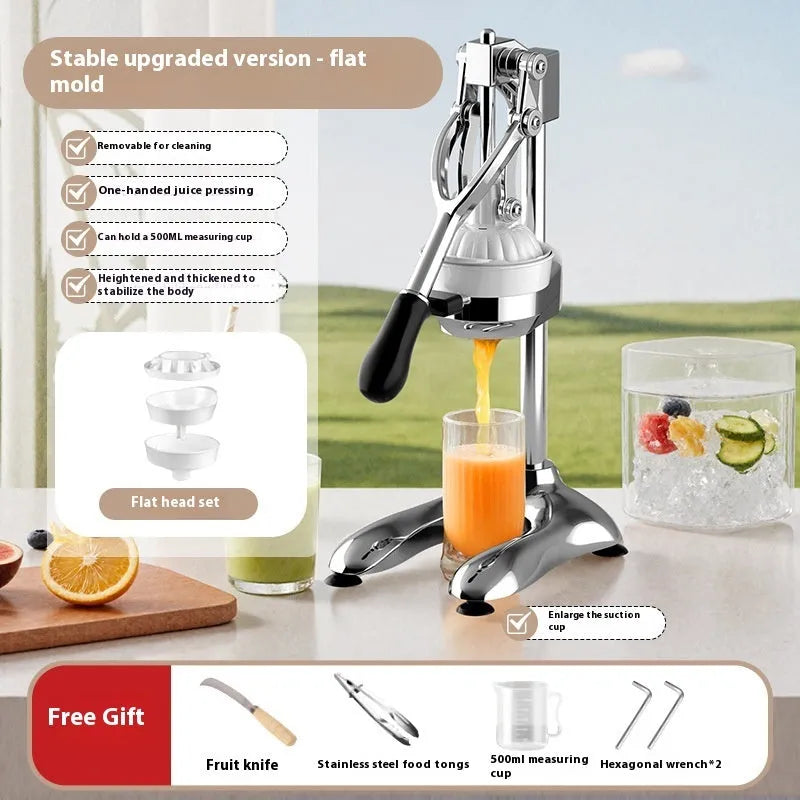 Manual stainless steel citrus juicer with quick-disassembly mechanism and choice of flat or pointed die.