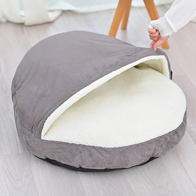 Brown and grey removable cloth dog kennel pet bed shown in small and medium sizes