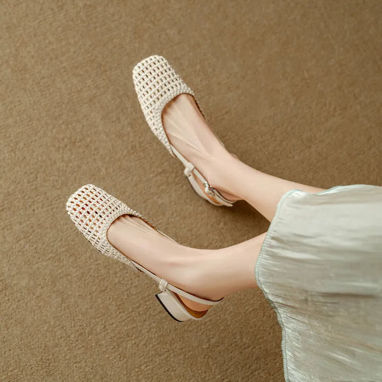 Women's beige woven hollow-out sandals with closed toe, square head, and chunky heel.