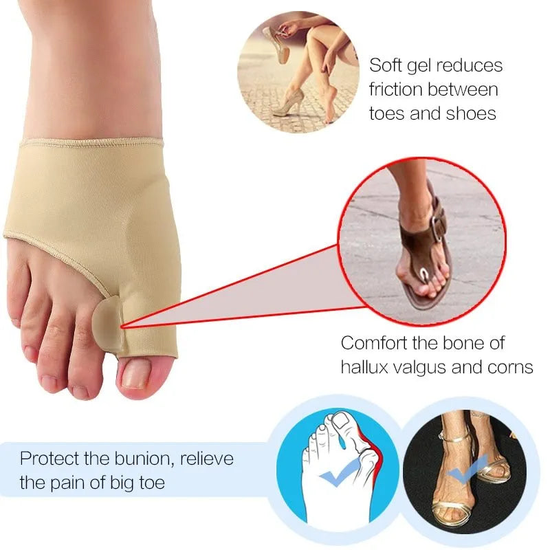A pair of stretch fabric bunion socks with a soft gel pad and silicone toe separator in sizes small, medium, and large.