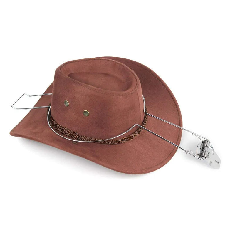 Brown metal car-shaped stand with chrome details for holding coats and hats.