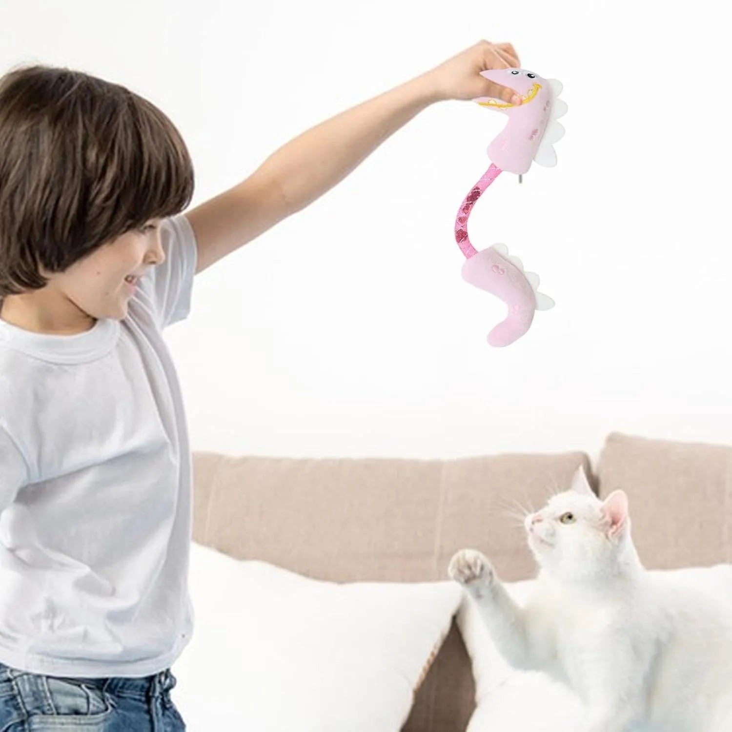 Bundle of four cat toys including a plush fish, rope, springs, and kicker toys in pink, purple, or yellow.