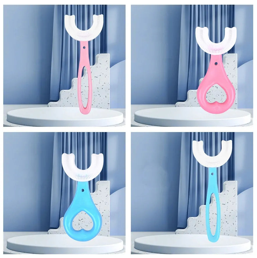 Children's U-shaped soft rubber toothbrush in pink and blue colours for milk teeth cleaning