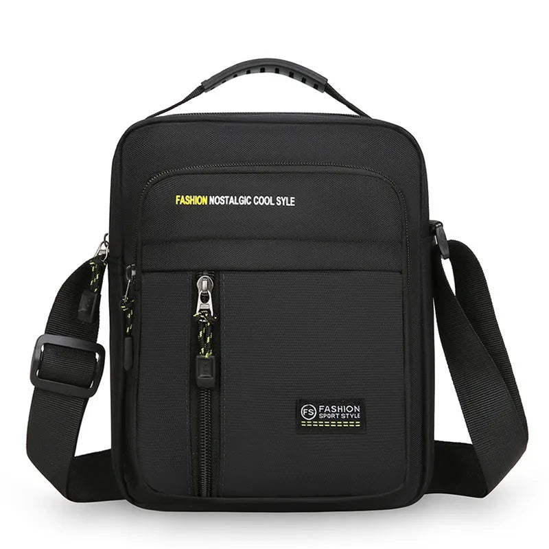 Men's casual nylon crossbody messenger bag shown in available colours: green, grey, black, and blue.